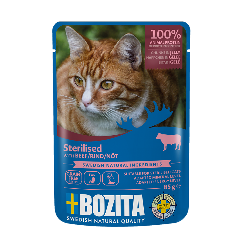 Wet food for sterilised cats with beef